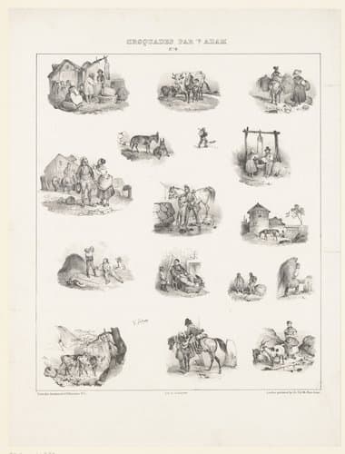 Zestien voorstellingen uit het dagelijks leven met diverse menselijke figuren en dieren by Victor Adam