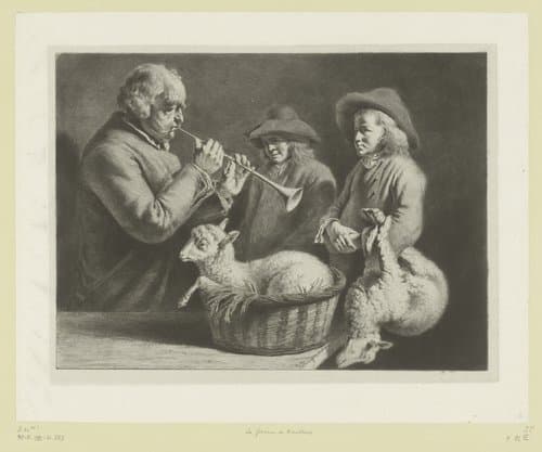 Hobospelende man bij twee jonge herders met lammeren by Jean Jacques de Boissieu