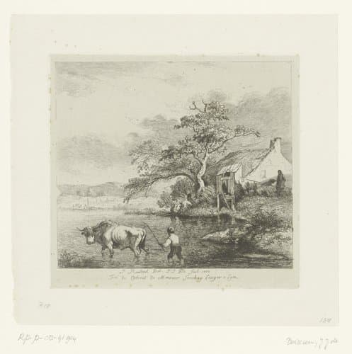 Landschap met een jongen en stier in het water by Jean Jacques de Boissieu