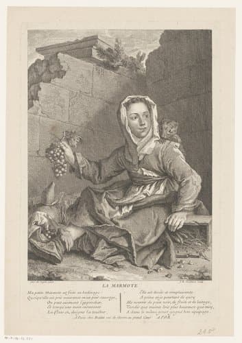 Arme vrouw met marmot voor een vervallen muur by Jean Baptiste Guélard