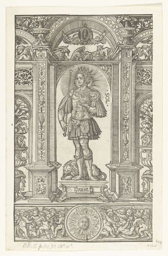 Apollo (Sol) met sterrenbeeld Leeuw in architecturale omlijsting by Monogrammist ANDL