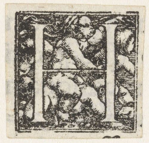 Letter H met vier kinderen van wie een kind zit op de rug van een kruipend kind by Hans Holbein (II)