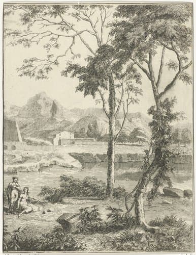 Arcadisch rivierlandschap met twee vrouwen op de oever by Adolf van der Laan