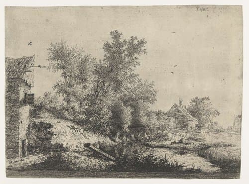 Boerderijen en een boomgroep bij een smalle rivier by Jacob Isaacksz van Ruisdael