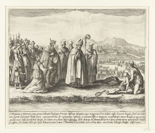 De Heilige Mansuetus wekt de zoon van koning Leucorus tot leven by Jacques Callot