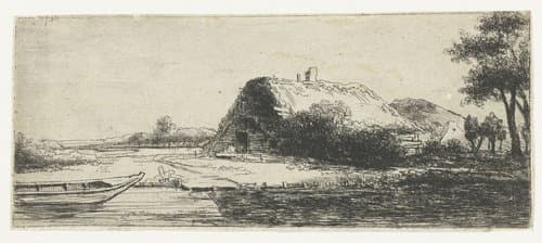 Kanaal met boerderij en een boot by anonymous