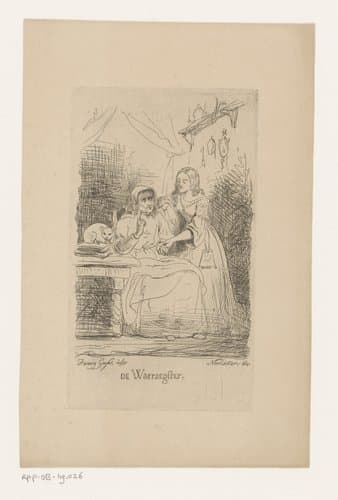 Waarzegster leest de hand van een jonge vrouw by Fanny Geefs-Corr
