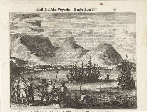 V.O.C. schepen bij Kaap de Goede Hoop by Coenraet Decker