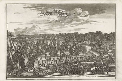 Gezicht op baai van Quilon met schepen by Coenraet Decker