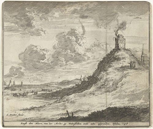 Gezicht op duinen met vuurtoren en strand by Coenraet Decker