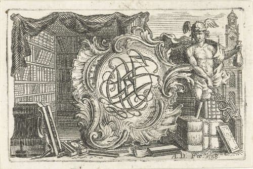 Vignet met monogram in cartouche geflankeerd door Mercurius en interieur van bibliotheek by Abraham Delfos