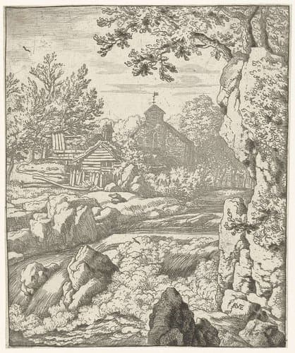 Landschap met kerk en waterval by Allaert van Everdingen