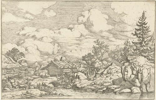 Landschap met drie geiten aan het water by Allaert van Everdingen