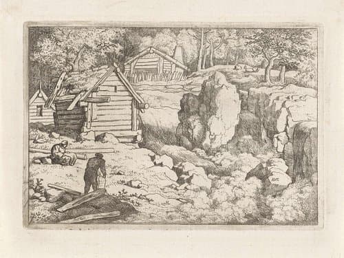 Landschap met drie houten huisjes by Allaert van Everdingen