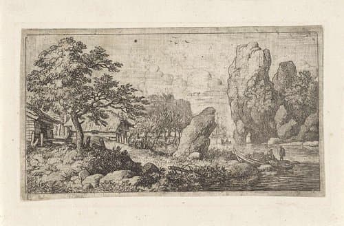 Landschap met rots aan het water by Allaert van Everdingen