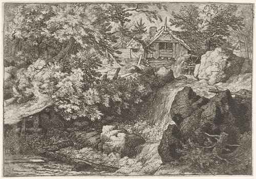 Watermolen nabij een waterval by Allaert van Everdingen