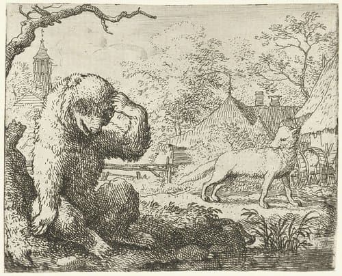 Reinaert de vos berispt de gewonde Bruun de beer by Allaert van Everdingen
