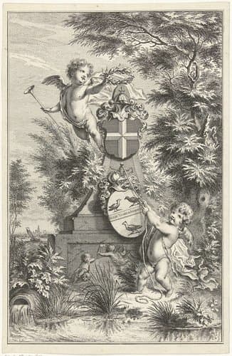 Allegorisch gedenkteken met gehelmde wapenschilden by Simon Fokke