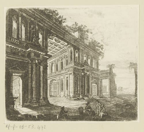 Fantasie architectuur met enkele figuren by Johann Andreas Benjamin Nothnagel