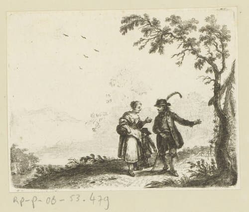 Man pratend met vrouw met kind op pad bij een boom by Johann Andreas Benjamin Nothnagel