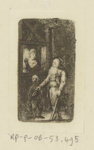 Kreupele oude bedelaar met jongen en vrouw voor venster by Johann Andreas Benjamin Nothnagel