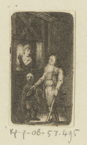 Oude bedelende man met jongen bij een vrouw met kaars in een venster by Johann Andreas Benjamin Nothnagel