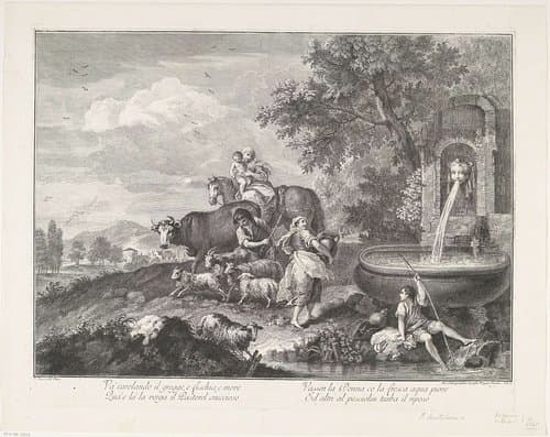 Landschap met herdersfamilie bij waterbassin by Francesco Bartolozzi