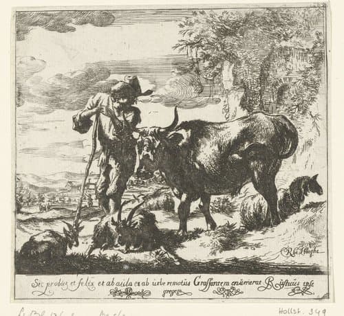 Een herder met een koe, twee geiten en een schaap by Romeyn de Hooghe