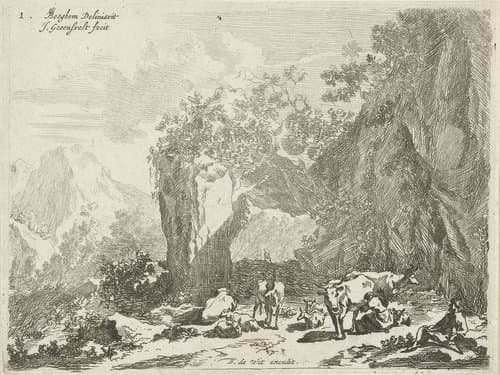Berglandschap met herder, herderin en vee by Johannes Gronsveld