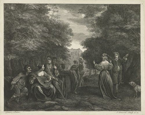 Landschap met musicerend en dansend gezelschap by Johannes Gronsveld