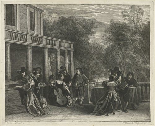 Musicerend gezelschap op bordes by Johannes Gronsveld