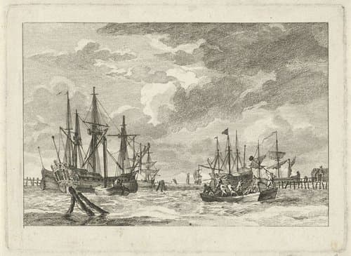 Schepen en sloepen in een haven by Gerrit Groenewegen