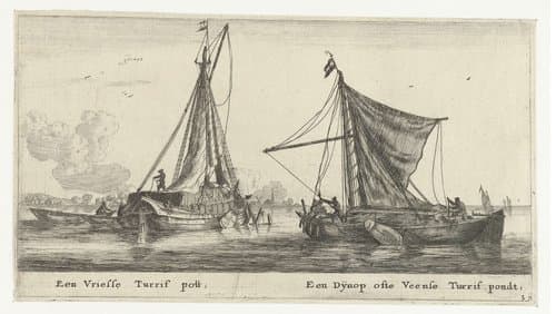 Twee schepen: een Friese turfpont en een Dijnop schuit by Reinier Nooms