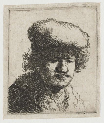 Zelfportret met naar voren getrokken pet by Rembrandt van Rijn