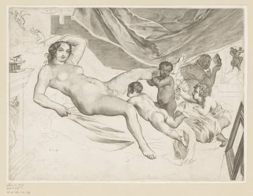 Naakte vrouw met kinderen en vrouw met masker by Claude Mellan