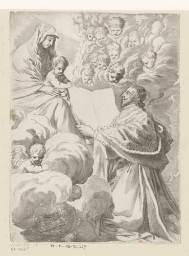 Armand-Jean du Plessis hertog van Richelieu presenteert een boek aan Maria met Kind by Claude Mellan