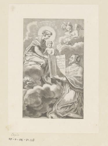 Armand-Jean du Plessis hertog van Richelieu presenteert een boek aan Maria met Kind by anonymous; Claude Mellan