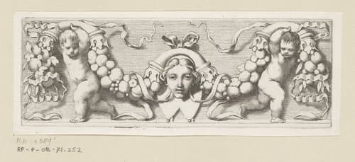Twee putti met een guirlande van fruit by Claude Mellan