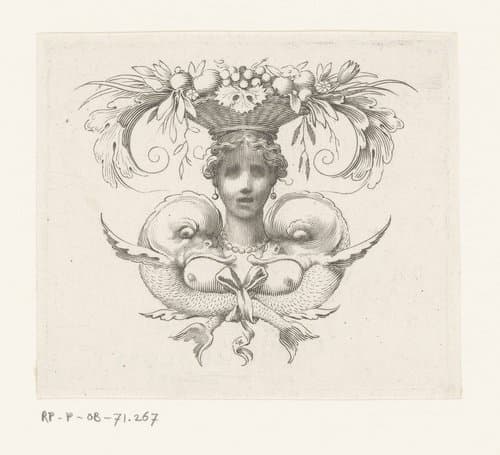 Cul-de-lampe van een vrouw met een mand fruit op het hoofd en twee dolfijnen by Claude Mellan