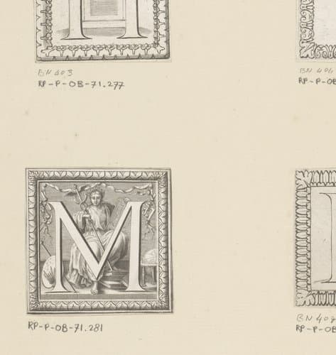 Letter M met personificatie van de kunsten by Claude Mellan