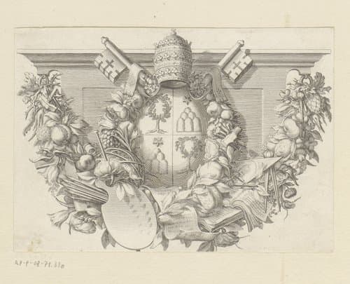 Wapenschild omringd door bloemen, fruit, schilderspalet en pauselijke tiara by Claude Mellan