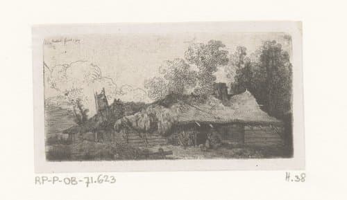 Boerenerf met figuren en hond by Jean Pierre Norblin de la Gourdaine