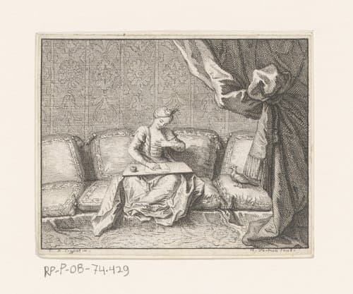 Schrijvende vrouw op een bank van kussens by Nicolas Henri Tardieu