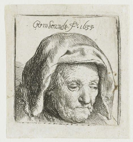 Rembrandt's moeder met een hoofddoek, blik naar beneden gericht: alleen de kop by Rembrandt van Rijn