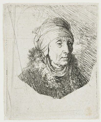 Vrouw met hoofddeksel en bontkraag: buste by Rembrandt van Rijn