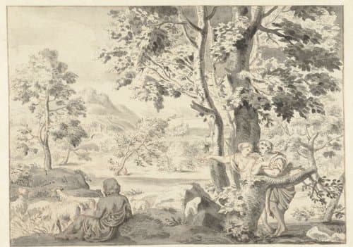 Bomenrijk landschap met een herder by Gerrit Grasdorp