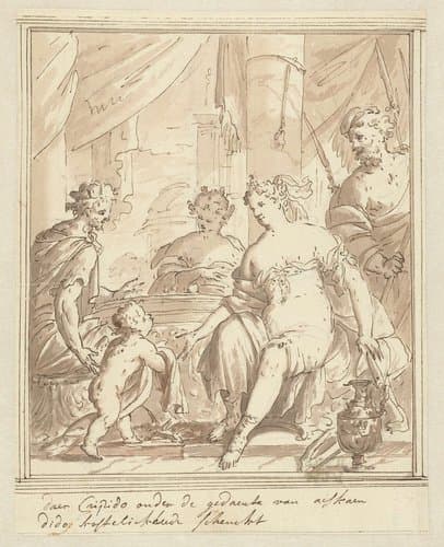 In de gedaante van Ascanius brengt Cupido Dido geschenken by Mattheus Terwesten
