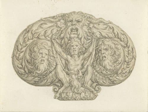 Zittende sater tussen drie koppen en bladmotieven by Heinrich Aldegrever