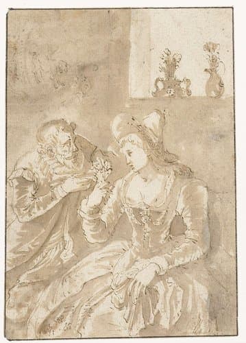 Oudere man bij een zittende elegante jonge vrouw by Gabriël Franck