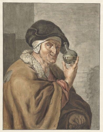 Oude vrouw met een urine-glas by Abraham Delfos